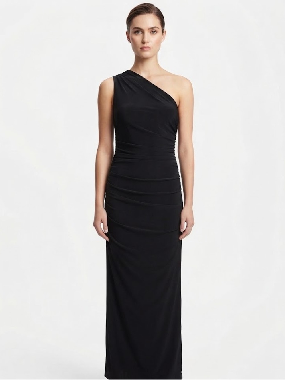 CLUB L LONDON 'Dalarie' One-Shoulder Gathered Black Cocktail Maxi Dress - Sz 10
